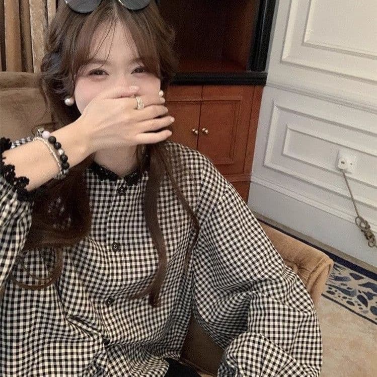 검정색 격자 무늬 셔츠 디자인 센스 레이스 조각 디자인 센스 일본식 체크무늬 긴팔 셔츠 소녀 다용도 봄 가을 상세 이미지 5