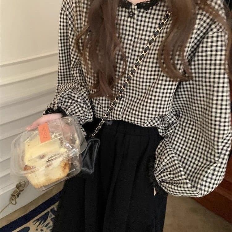 검정색 격자 무늬 셔츠 디자인 센스 레이스 조각 디자인 센스 일본식 체크무늬 긴팔 셔츠 소녀 다용도 봄 가을 상세 이미지 6