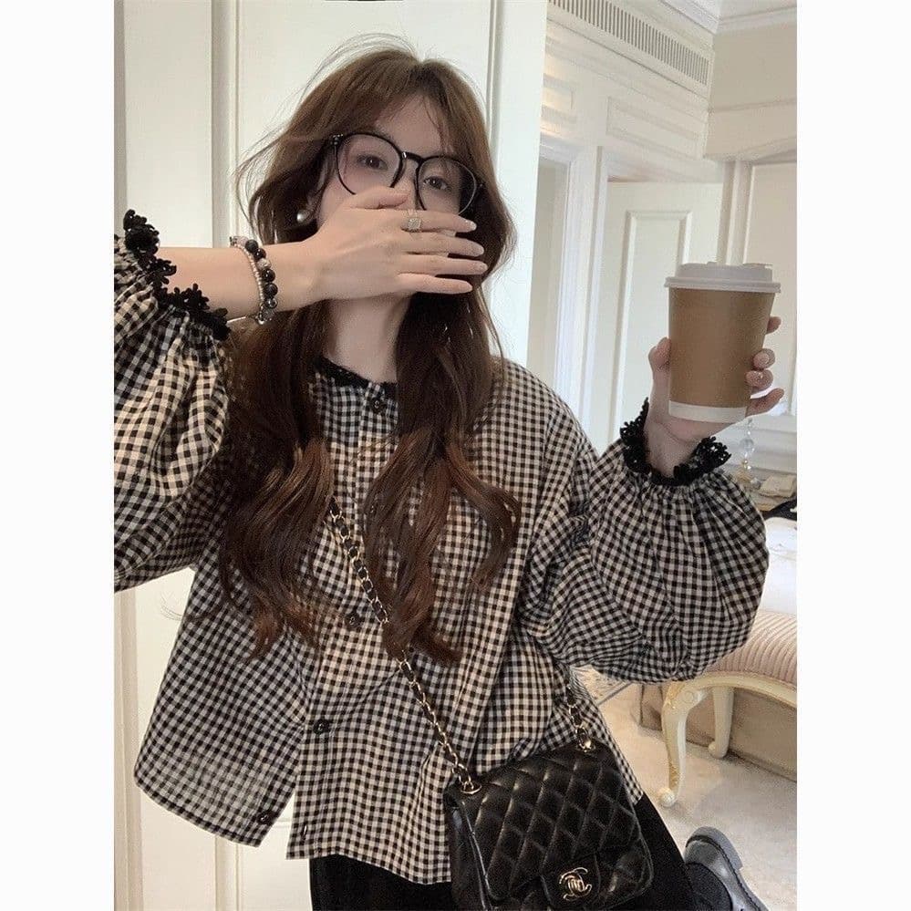 검정색 격자 무늬 셔츠 디자인 센스 레이스 조각 디자인 센스 일본식 체크무늬 긴팔 셔츠 소녀 다용도 봄 가을 상세 이미지 8