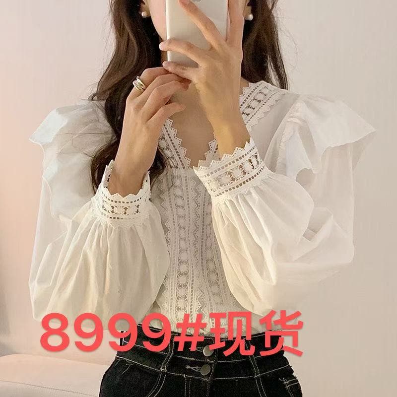 한국 chic 이른 가을 프랑스식 맨위 품격 레이스 레이스 V넥 패치워크 프릴 루즈핏 거품 소매 셔츠