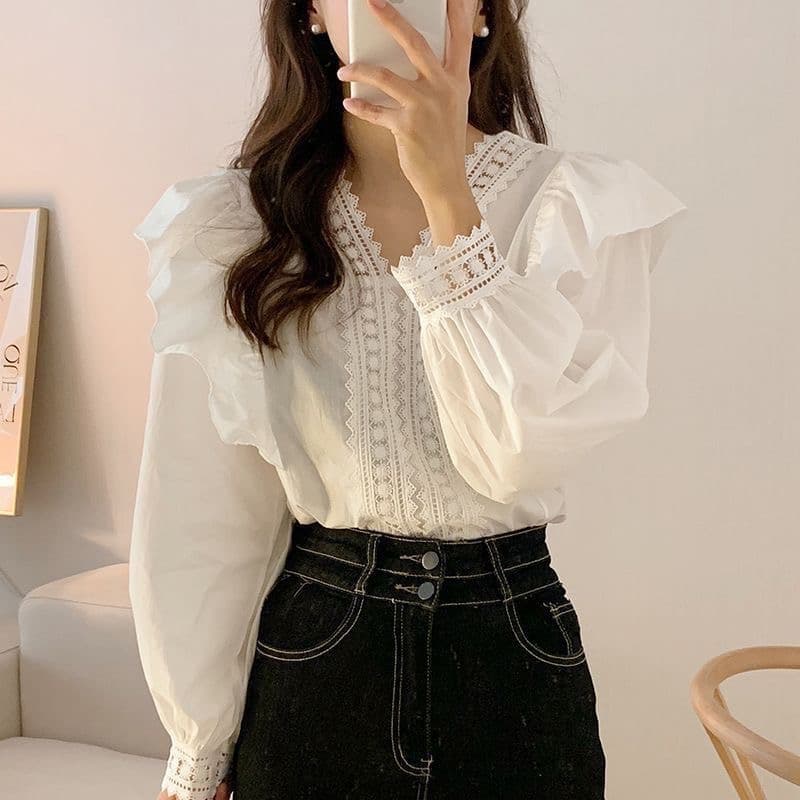 한국 chic 이른 가을 프랑스식 맨위 품격 레이스 레이스 V넥 패치워크 프릴 루즈핏 거품 소매 셔츠 상세 이미지 7