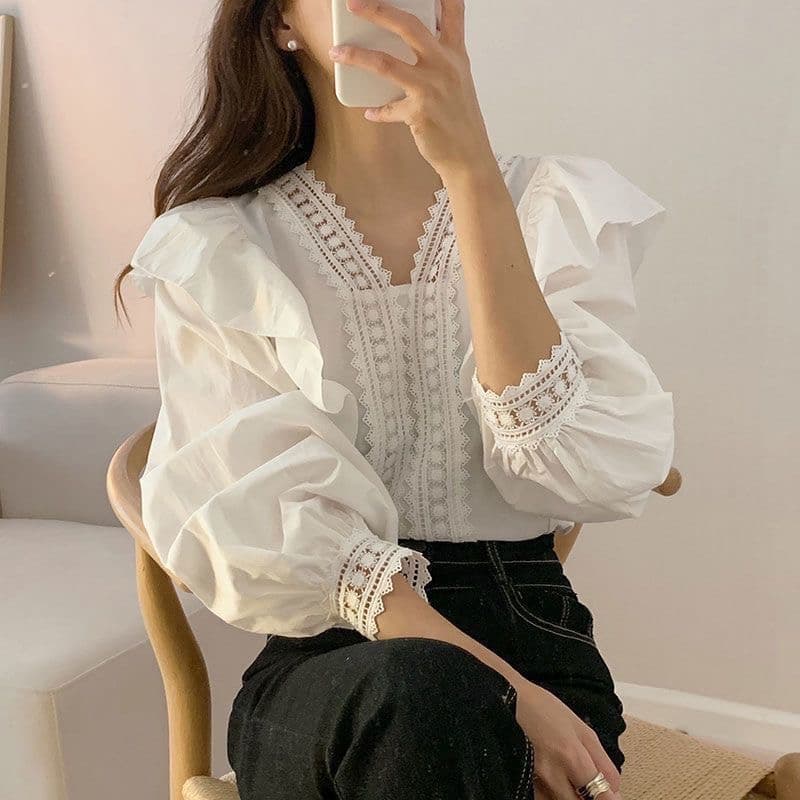 한국 chic 이른 가을 프랑스식 맨위 품격 레이스 레이스 V넥 패치워크 프릴 루즈핏 거품 소매 셔츠 상세 이미지 21