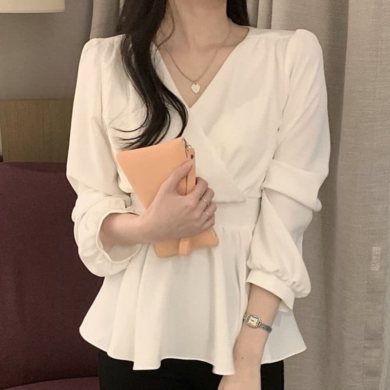 시폰 셔츠 여성 2026 이른 봄 새로운 우아함 V넥 슈퍼 요정 달콤함 품격 허리 수축 레이스업 긴팔 셔츠 맨위 상세 이미지 1