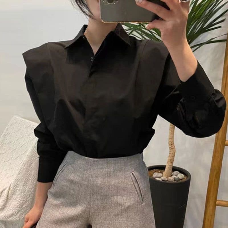 한국 chic 가을 레트로 미니멀리즘 폴로 칼라 어둠 버클 디자인 패치워크 프릴 루즈핏 긴팔 셔츠 맨위 여성 이미지 5