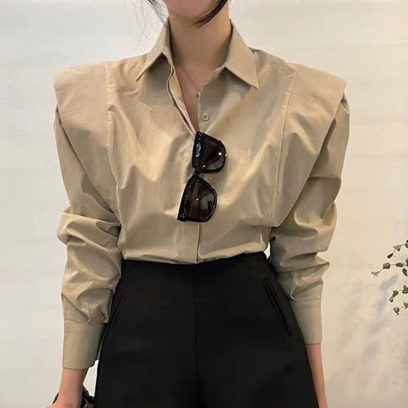 한국 chic 가을 레트로 미니멀리즘 폴로 칼라 어둠 버클 디자인 패치워크 프릴 루즈핏 긴팔 셔츠 맨위 여성 이미지 3
