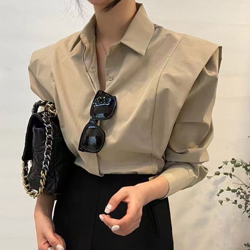 한국 chic 가을 레트로 미니멀리즘 폴로 칼라 어둠 버클 디자인 패치워크 프릴 루즈핏 긴팔 셔츠 맨위 여성 상세 이미지 4