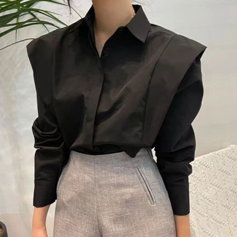 한국 chic 가을 레트로 미니멀리즘 폴로 칼라 어둠 버클 디자인 패치워크 프릴 루즈핏 긴팔 셔츠 맨위 여성 상세 이미지 6