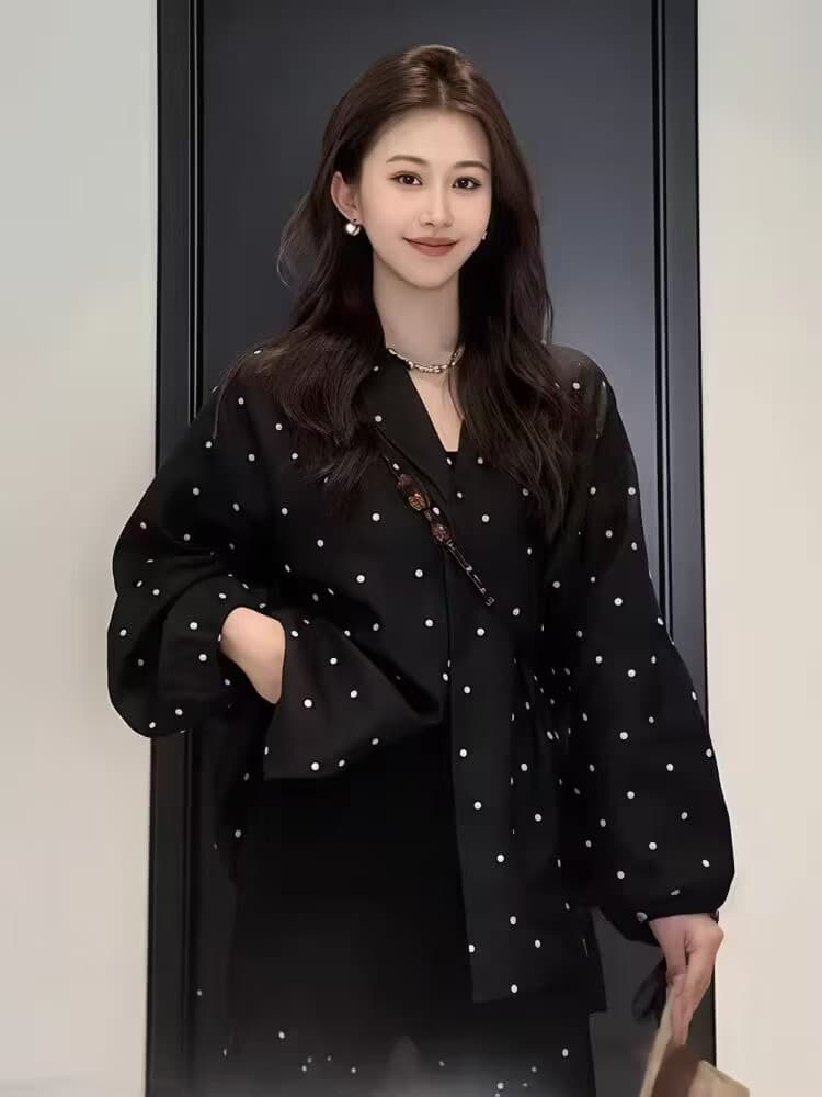 익스트림 제인 태도 아마 작은 대중 외국 가스 벌룬 소매 패션 검정색 도트 무늬 긴팔 셔츠 여성 셔츠 상세 이미지 3