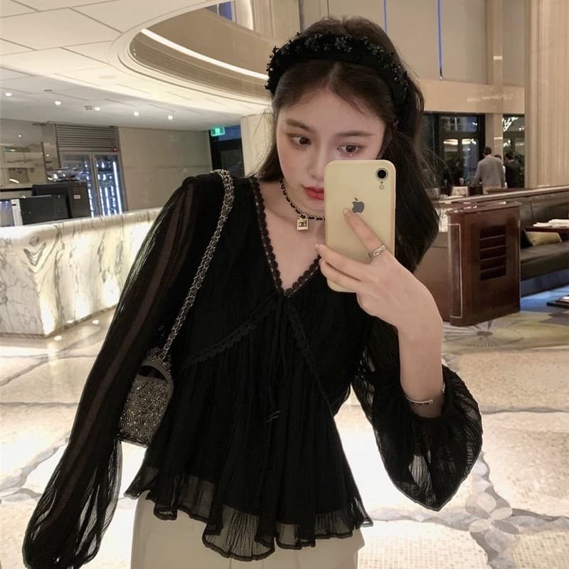 긴팔 표지 배 슬림해 보이는 시폰 셔츠 여성 가을 의상 2026 년 새로운 작은 셔츠 나비 넥타이 레이스 V넥 맨위 이미지 2