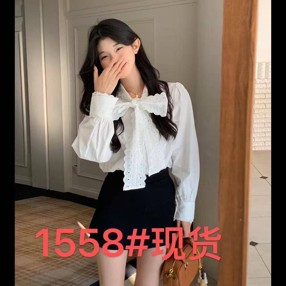 달콤함 다용도 레이스 화이트 여성 셔츠 가을 2026 새로운 Chic 루즈핏 슬림해 보이는 나비 매듭 긴팔 맨위