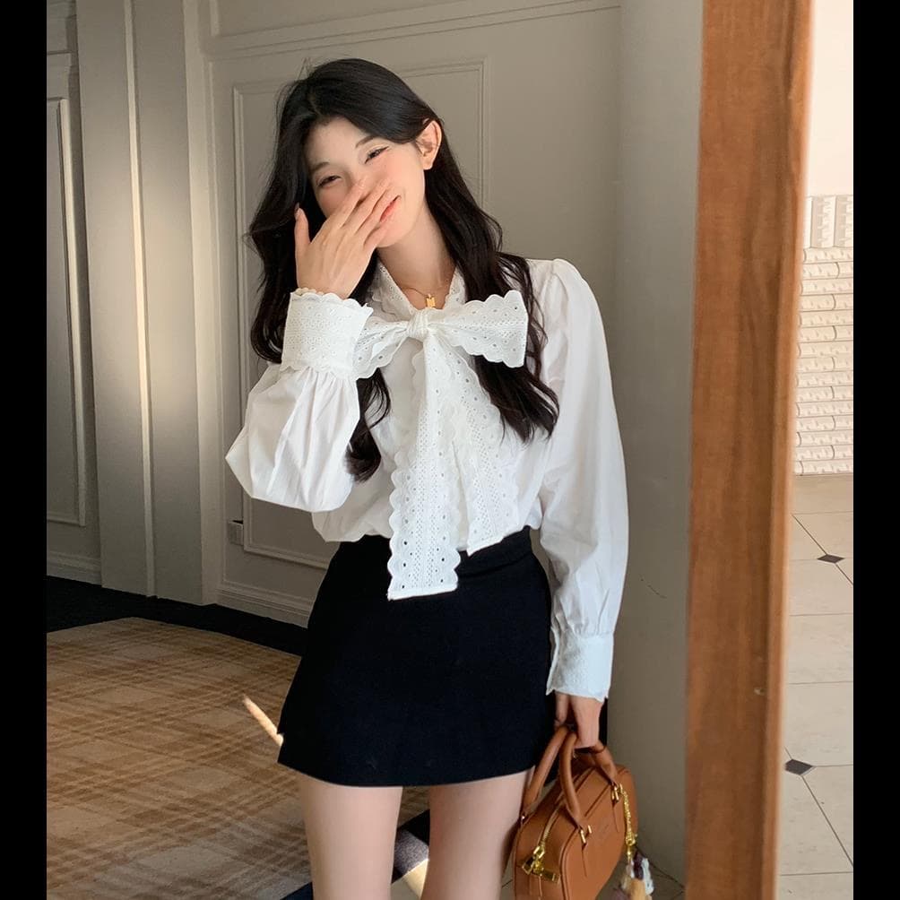 달콤함 다용도 레이스 화이트 여성 셔츠 가을 2026 새로운 Chic 루즈핏 슬림해 보이는 나비 매듭 긴팔 맨위 상세 이미지 1
