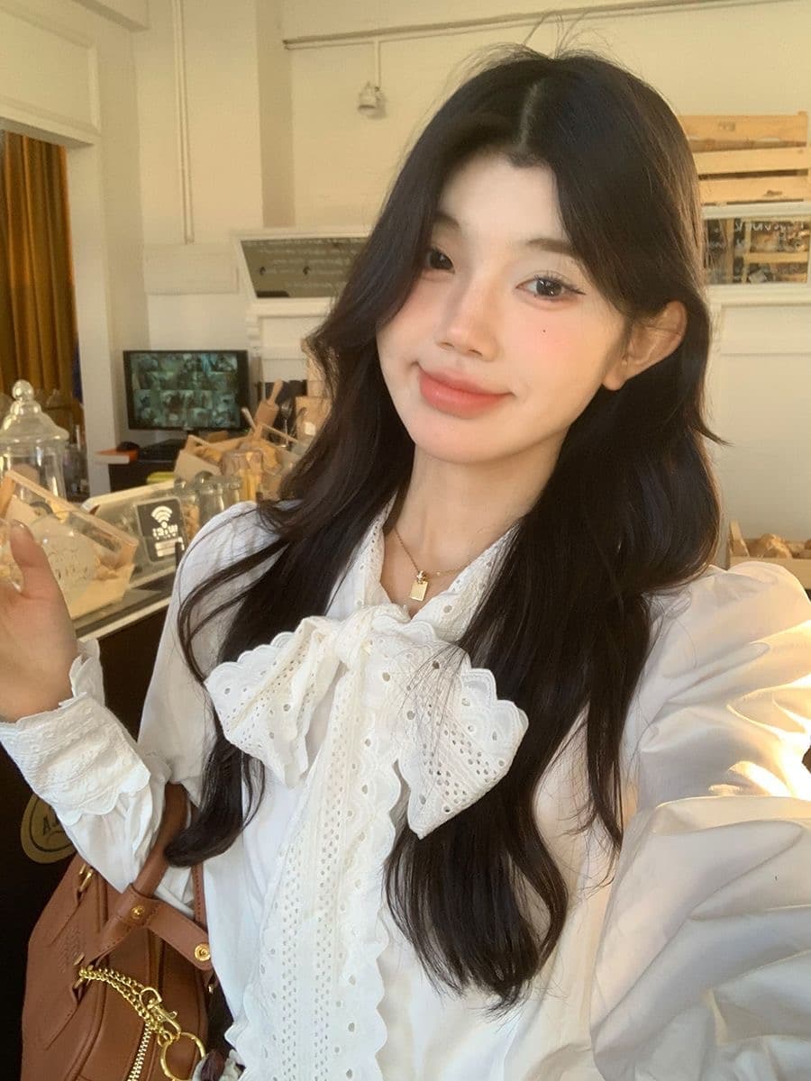 달콤함 다용도 레이스 화이트 여성 셔츠 가을 2026 새로운 Chic 루즈핏 슬림해 보이는 나비 매듭 긴팔 맨위 상세 이미지 2