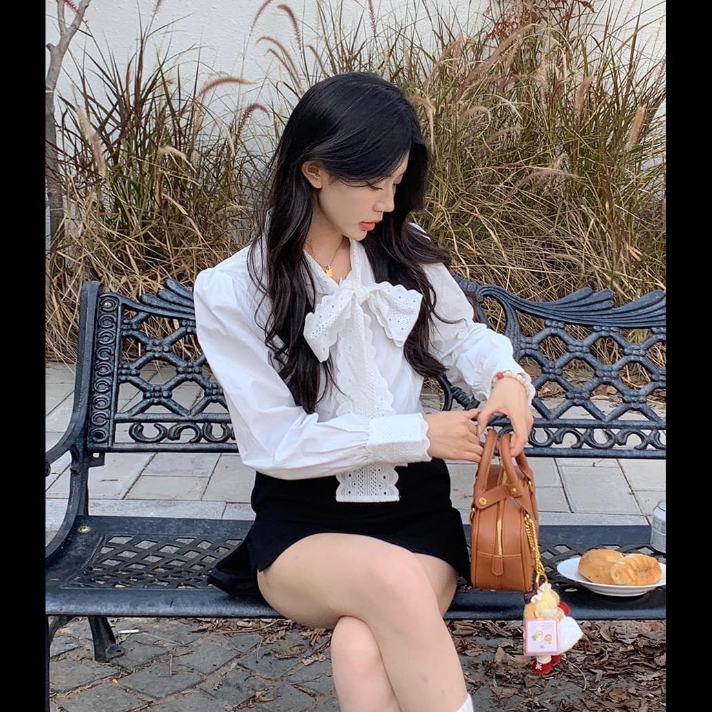 달콤함 다용도 레이스 화이트 여성 셔츠 가을 2026 새로운 Chic 루즈핏 슬림해 보이는 나비 매듭 긴팔 맨위 상세 이미지 4