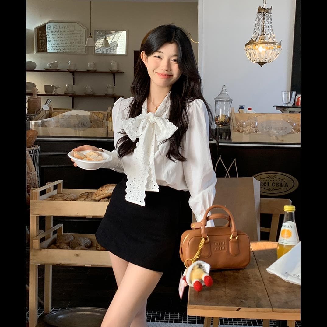 달콤함 다용도 레이스 화이트 여성 셔츠 가을 2026 새로운 Chic 루즈핏 슬림해 보이는 나비 매듭 긴팔 맨위 상세 이미지 5
