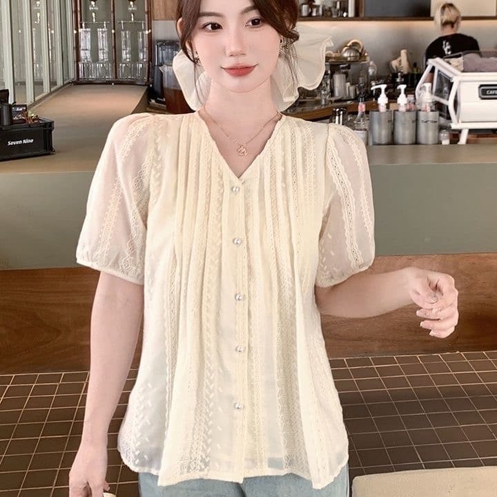 여성 셔츠 2026 여름 새로운 한국 스타일 다용도 외국 가스 V넥 패션 맨위 품격 연령 감소 슬림해 보이는 작은 셔츠 트렌디 상세 이미지 9
