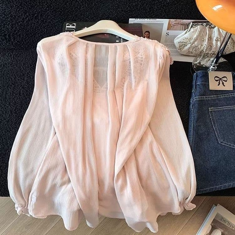 고급 레이스 조각 긴팔 티셔츠 쉬폰 블라우스 여름 한국 스타일 루즈핏 얇은 스타일 프랑스식 투피스 세트 맨위 작은 대중 상세 이미지 11