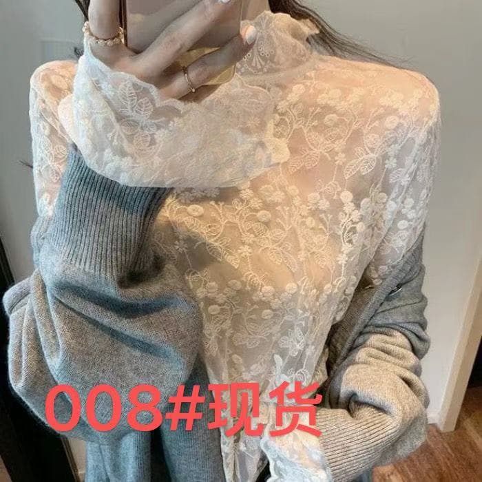 레이스 기본 셔츠 여성 터틀넥 인사이드 가져 가라. 외국 가스 망사 나팔 소매 맨위 루즈핏 긴팔 레이스 셔츠