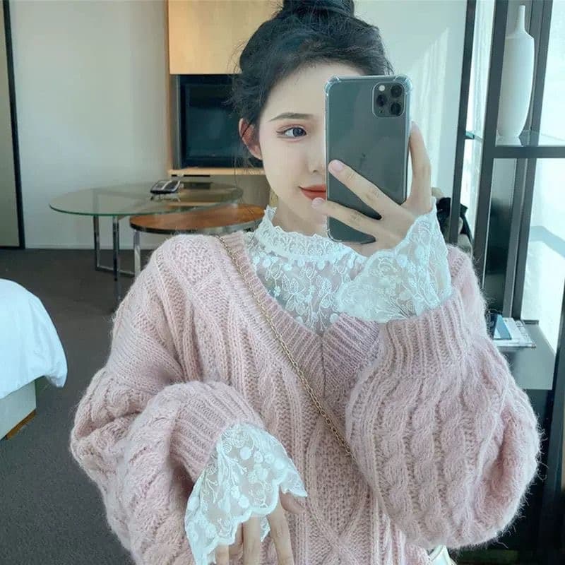 레이스 기본 셔츠 여성 터틀넥 인사이드 가져 가라. 외국 가스 망사 나팔 소매 맨위 루즈핏 긴팔 레이스 셔츠 상세 이미지 3
