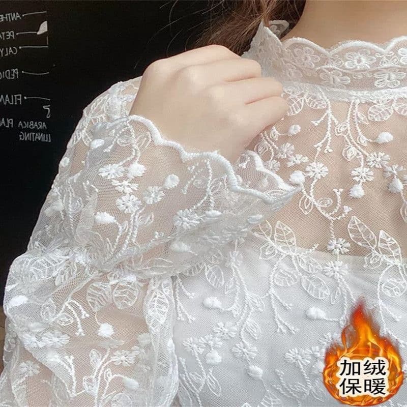 레이스 기본 셔츠 여성 터틀넥 인사이드 가져 가라. 외국 가스 망사 나팔 소매 맨위 루즈핏 긴팔 레이스 셔츠 상세 이미지 6
