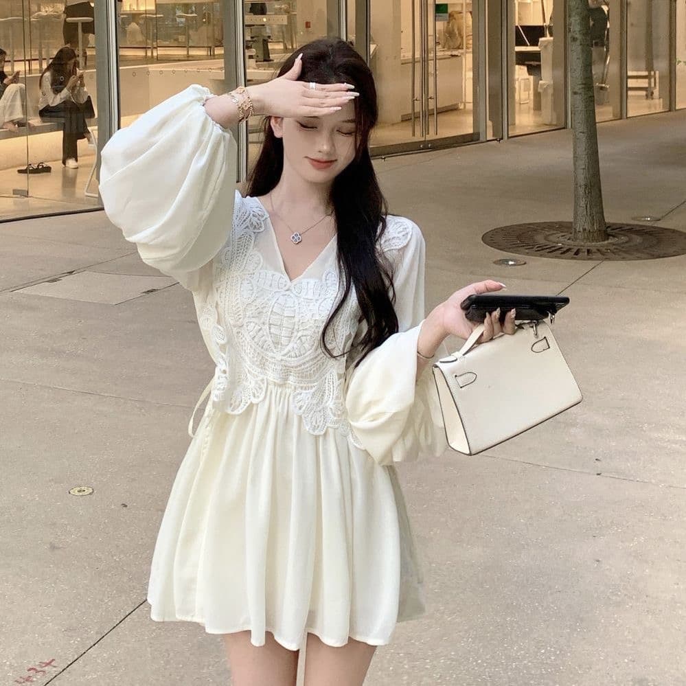 V넥 자수 긴팔 여성 드레스 이른 가을 프랑스식 명문 여성 로얄 자매 팬 품격 플리츠 스커트 벌룬 소매 짧은 치마 상세 이미지 4