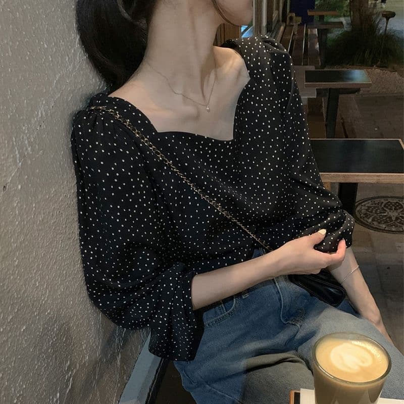 한국 chic 프랑스식 복잡한 고대 칼라 이슬 쇄골 배색 도트 무늬 디자인 루즈핏 다용도 여성 셔츠 이미지 3