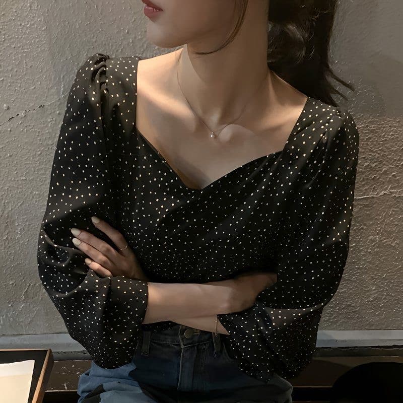 한국 chic 프랑스식 복잡한 고대 칼라 이슬 쇄골 배색 도트 무늬 디자인 루즈핏 다용도 여성 셔츠 상세 이미지 5