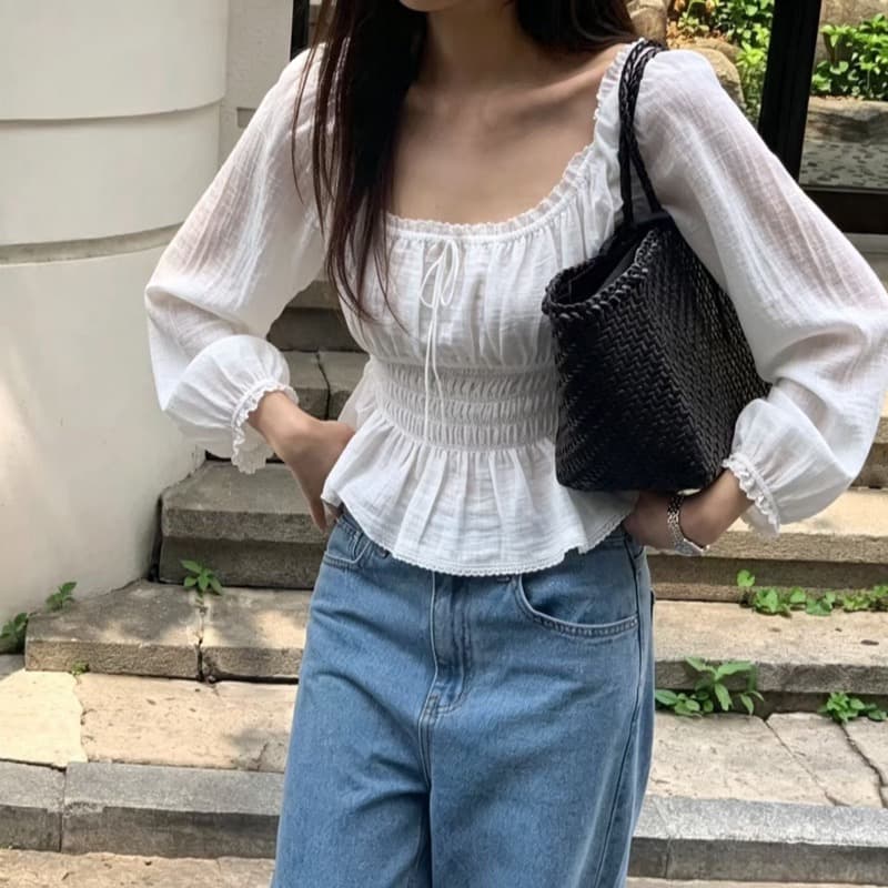 한 부서 ins 부드러운 레이스 장식 질감 센스 밑단 프릴 셔츠 허리 수축 슬림해 보이는 맨위
