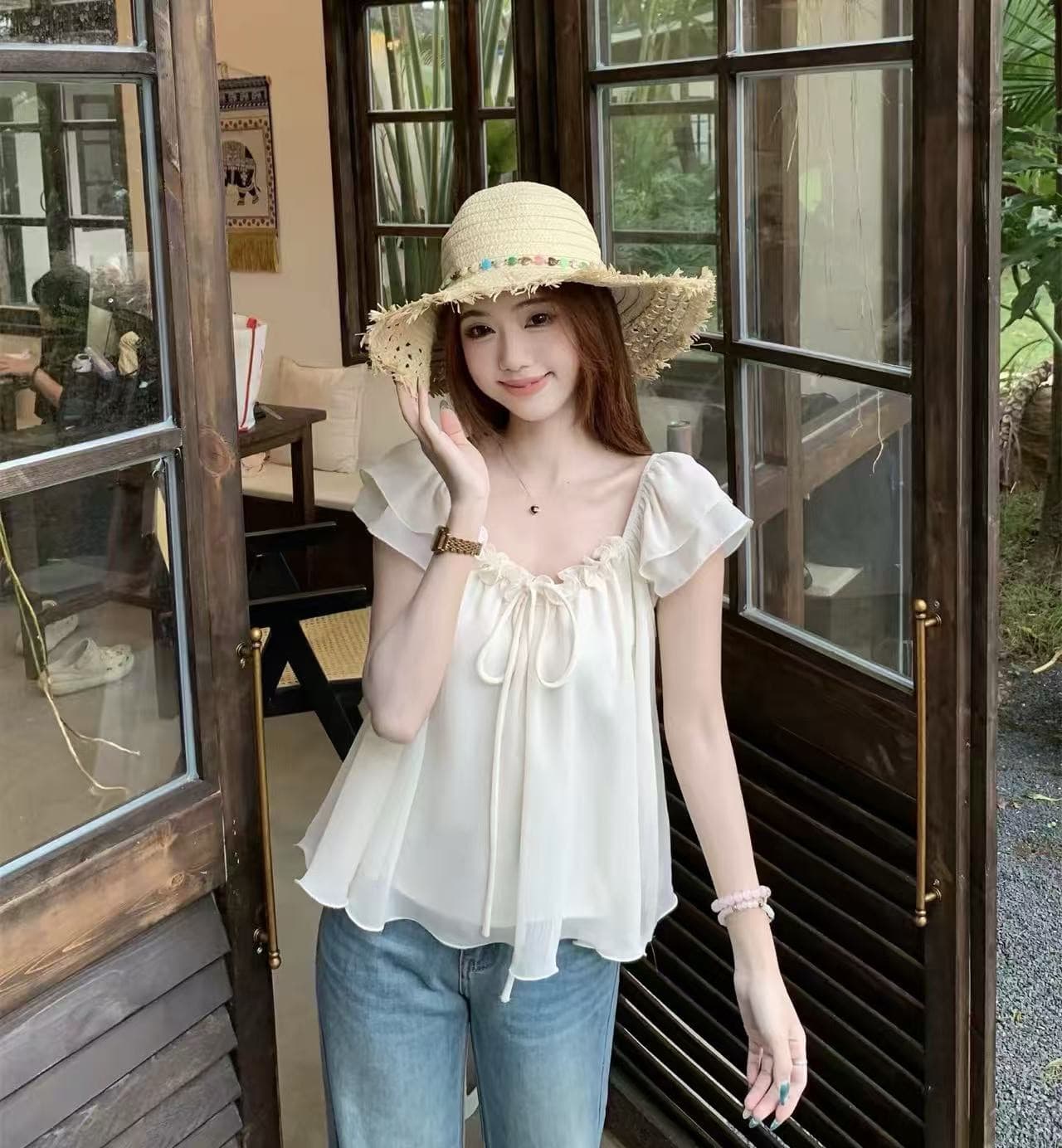 프릴 레이스업 Feifei 소매 시폰 셔츠 여성 2026 여름 새로운 달콤함 연령 감소 외국 가스 슬림해 보이는 맨위 상세 이미지 1