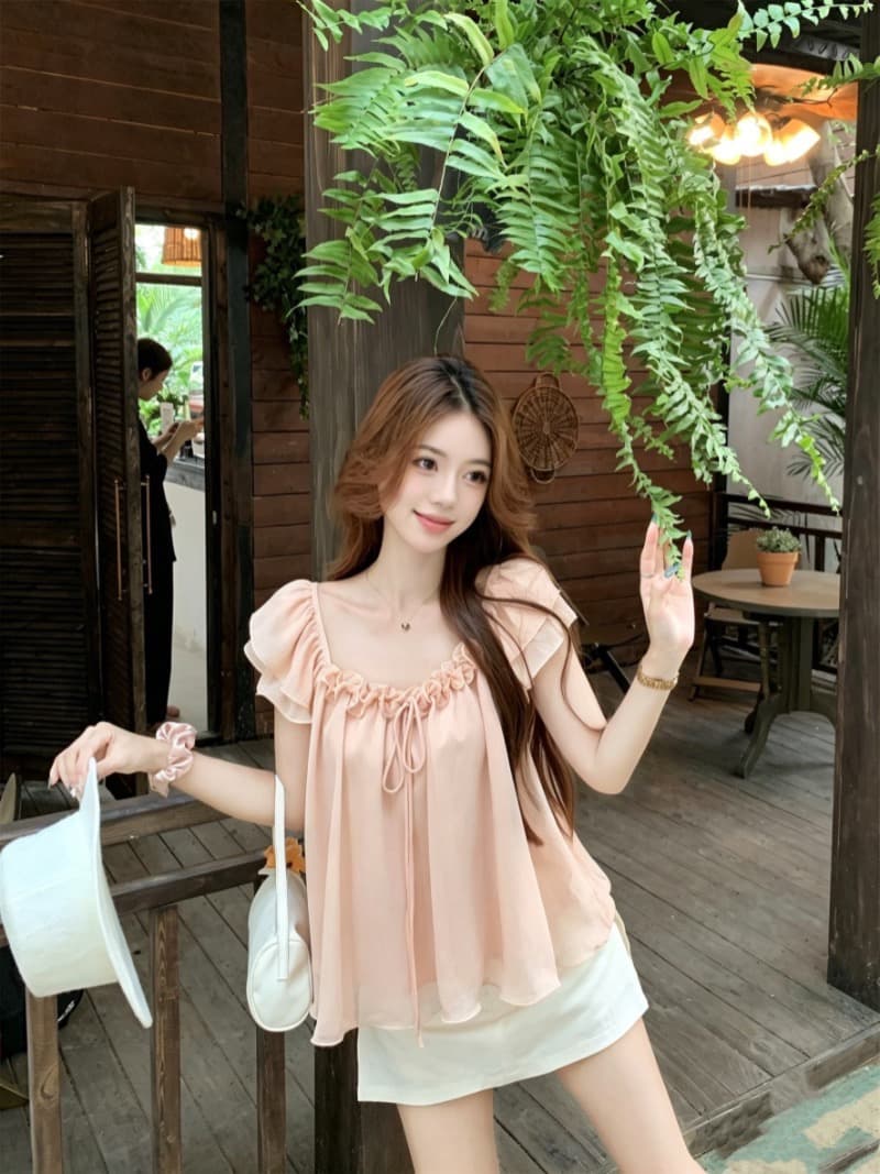프릴 레이스업 Feifei 소매 시폰 셔츠 여성 2026 여름 새로운 달콤함 연령 감소 외국 가스 슬림해 보이는 맨위 상세 이미지 2