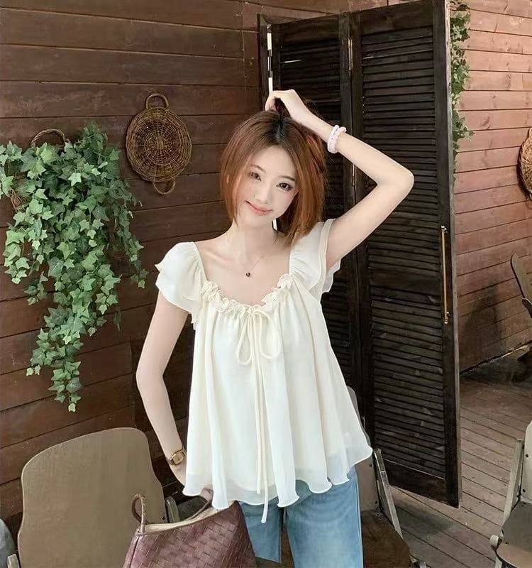 프릴 레이스업 Feifei 소매 시폰 셔츠 여성 2026 여름 새로운 달콤함 연령 감소 외국 가스 슬림해 보이는 맨위 상세 이미지 3