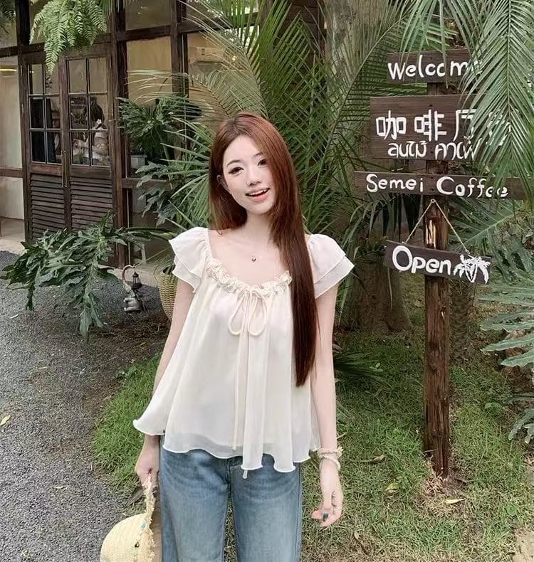 프릴 레이스업 Feifei 소매 시폰 셔츠 여성 2026 여름 새로운 달콤함 연령 감소 외국 가스 슬림해 보이는 맨위 상세 이미지 5