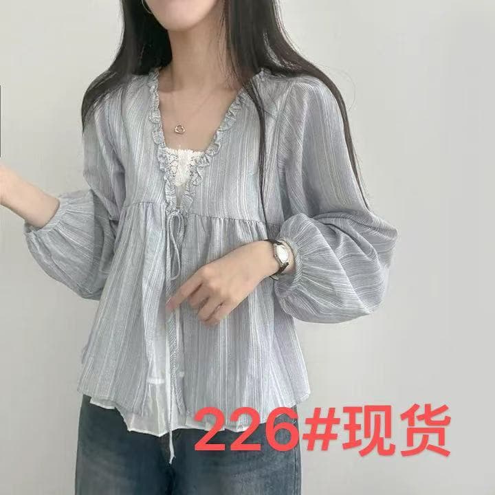 있음 선적 한국 chic 이른 가을 캐주얼 루즈핏 인형 셔츠 페이크 레이어드 레이스 레이스 업 셔츠 맨위
