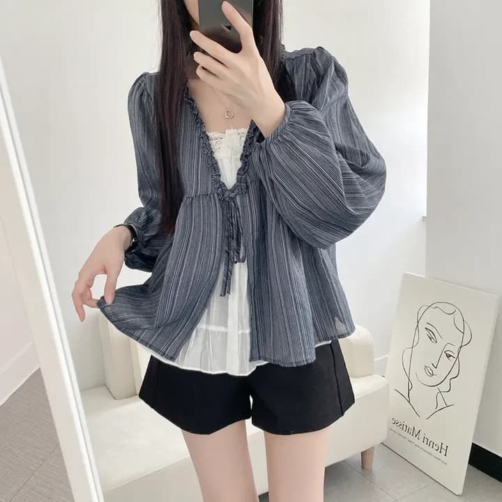 있음 선적 한국 chic 이른 가을 캐주얼 루즈핏 인형 셔츠 페이크 레이어드 레이스 레이스 업 셔츠 맨위 이미지 2
