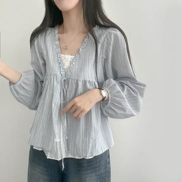 있음 선적 한국 chic 이른 가을 캐주얼 루즈핏 인형 셔츠 페이크 레이어드 레이스 레이스 업 셔츠 맨위 상세 이미지 1