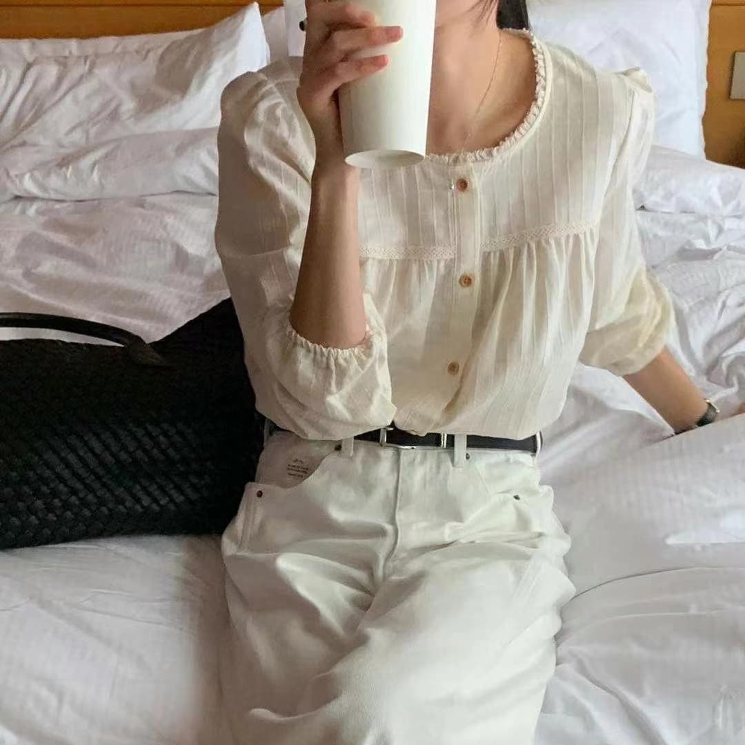 크기 있음 업데이트 프랑스식 레트로 패치워크 레이스 칼라 싱글 줄 버튼 레이스 조각 달콤함 다용도 셔츠 맨위 이미지 2