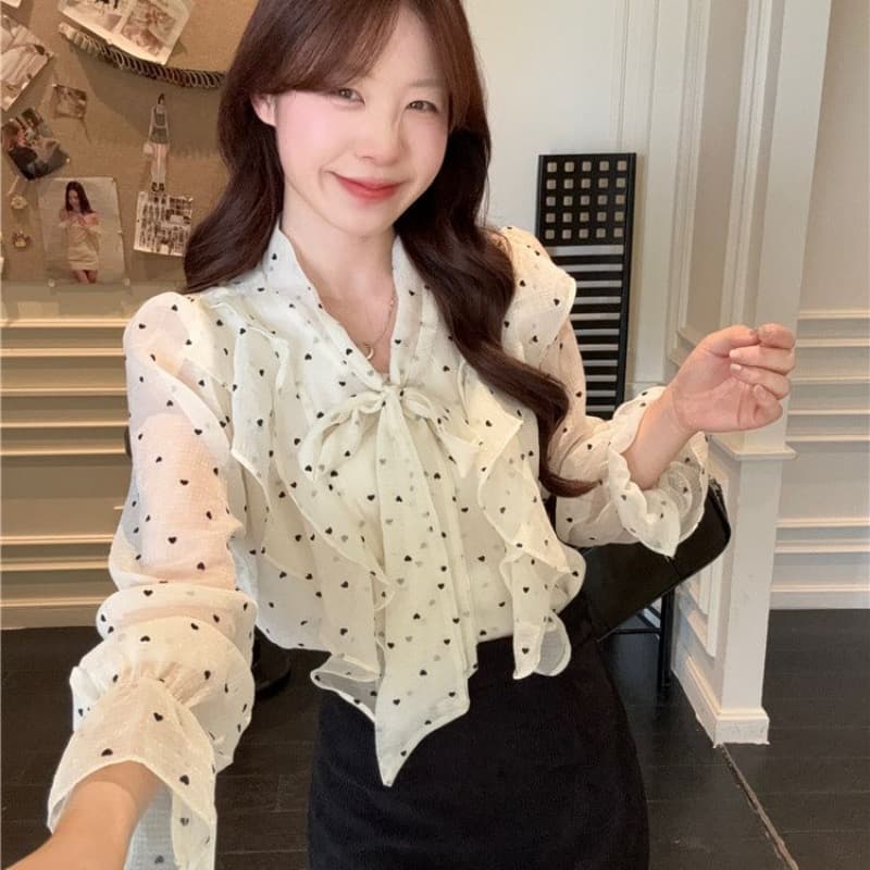 원본 원단 프릴 도트 무늬 나팔 소매 여성 셔츠 가을 캐주얼 나비 매듭 소녀 루즈핏 달콤함 맨위 이미지 3