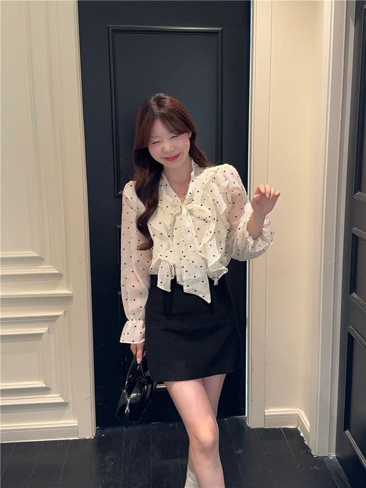 원본 원단 프릴 도트 무늬 나팔 소매 여성 셔츠 가을 캐주얼 나비 매듭 소녀 루즈핏 달콤함 맨위 상세 이미지 1
