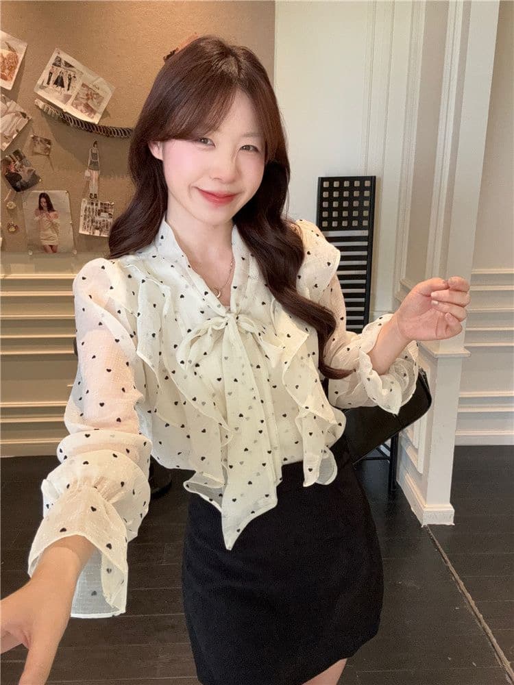 원본 원단 프릴 도트 무늬 나팔 소매 여성 셔츠 가을 캐주얼 나비 매듭 소녀 루즈핏 달콤함 맨위 상세 이미지 3