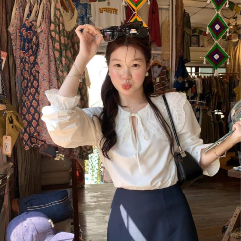 화재 화재 화재 전갈 빛 향기로운 한 부서 베이비 칼라 셔츠 여성 긴 소매 레이스 프랑스식 사소한 맨위 봄 셔츠 이미지 3