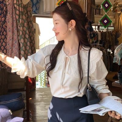 화재 화재 화재 전갈 빛 향기로운 한 부서 베이비 칼라 셔츠 여성 긴 소매 레이스 프랑스식 사소한 맨위 봄 셔츠 상세 이미지 1