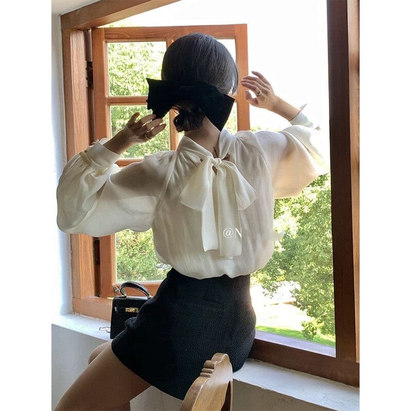 나비 매듭 스트랩 여성 셔츠 2026 봄 새로운 프랑스식 디자인 센스 우아함 품격 슬림해 보이는 긴팔 맨위 트렌디 상세 이미지 3