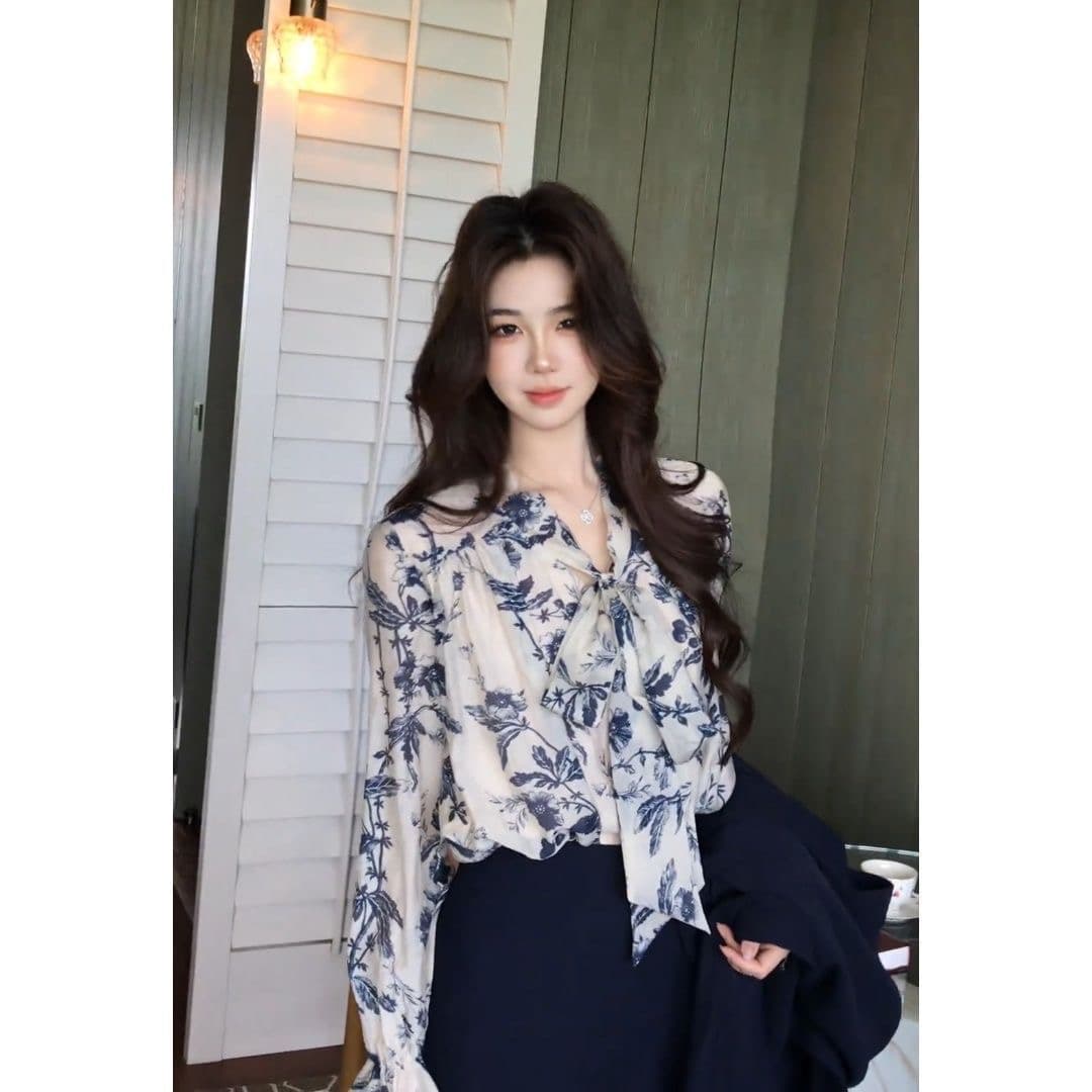 프랑스식 고급 센스 꽃무늬 스카프 칼라 긴팔 여성 셔츠 2026 가을 새로운 쉬폰 작은 셔츠 디자인 센스 작은 대중 이미지 4