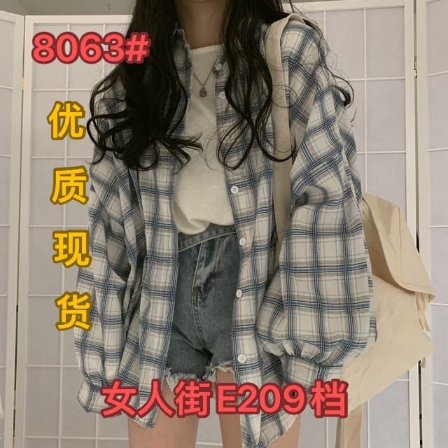 체크무늬 여성 셔츠 루즈핏 한국 스타일 중간 길이 레트로 홍콩 느낌 다용도 bf 긴팔 자외선 차단 ins 재킷 트렌디