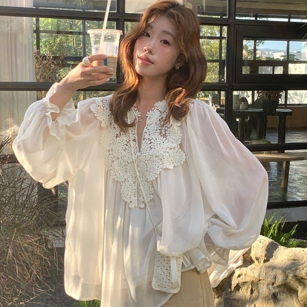 명문 여성 품격 쉬폰 셔츠 2026 봄 여름 레이스 패치워크 디자인 루즈핏 착용 잡아라. 의류 슬립 투피스 세트 상세 이미지 8