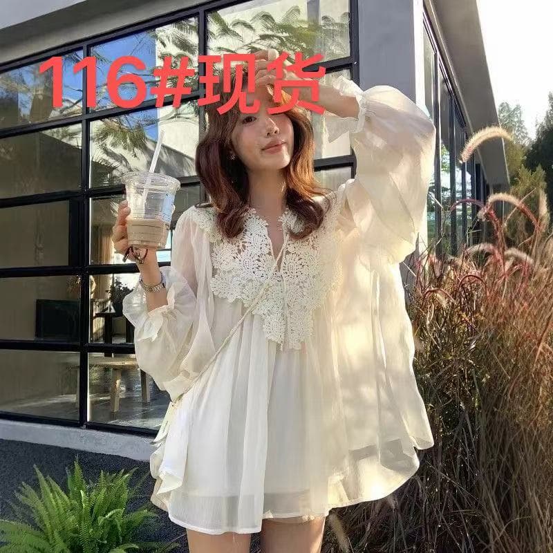 한 부서 부드러운 바람 레이스 조각 자외선 차단 쉬폰 블라우스 맨위 여성 여름 슬립 투피스 세트 외국 가스 연령 감소 세트