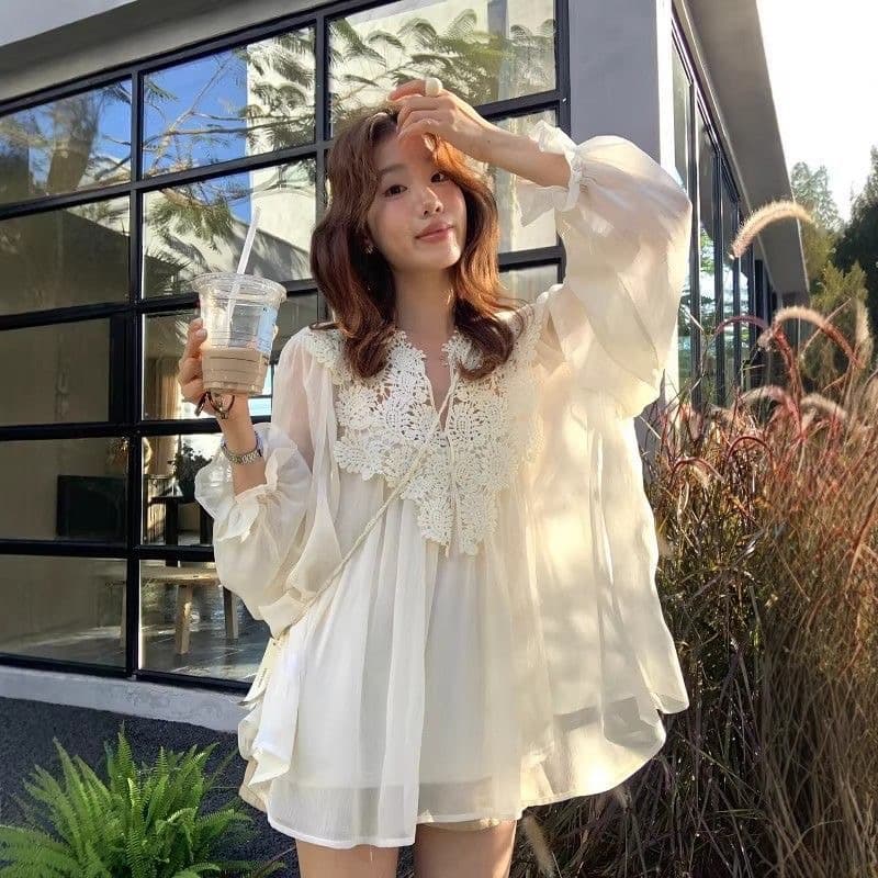 한 부서 부드러운 바람 레이스 조각 자외선 차단 쉬폰 블라우스 맨위 여성 여름 슬립 투피스 세트 외국 가스 연령 감소 세트 상세 이미지 3