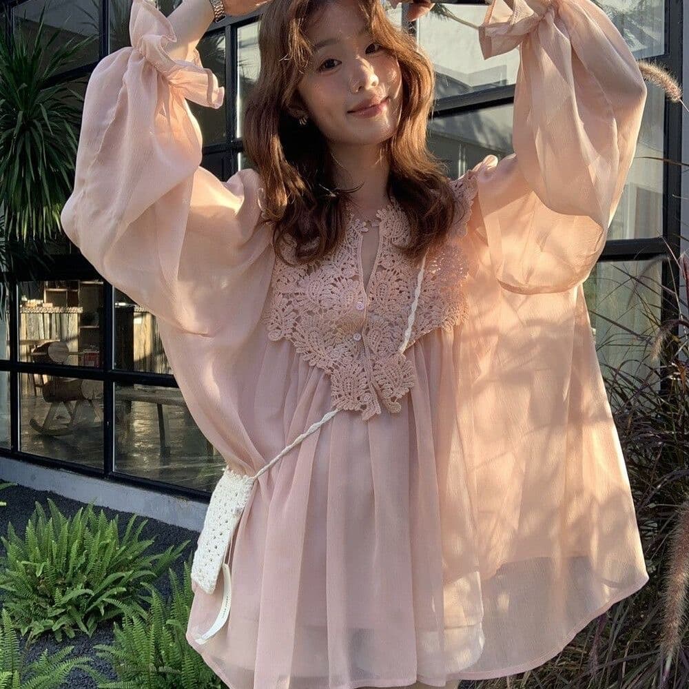 한 부서 부드러운 바람 레이스 조각 자외선 차단 쉬폰 블라우스 맨위 여성 여름 슬립 투피스 세트 외국 가스 연령 감소 세트 상세 이미지 10