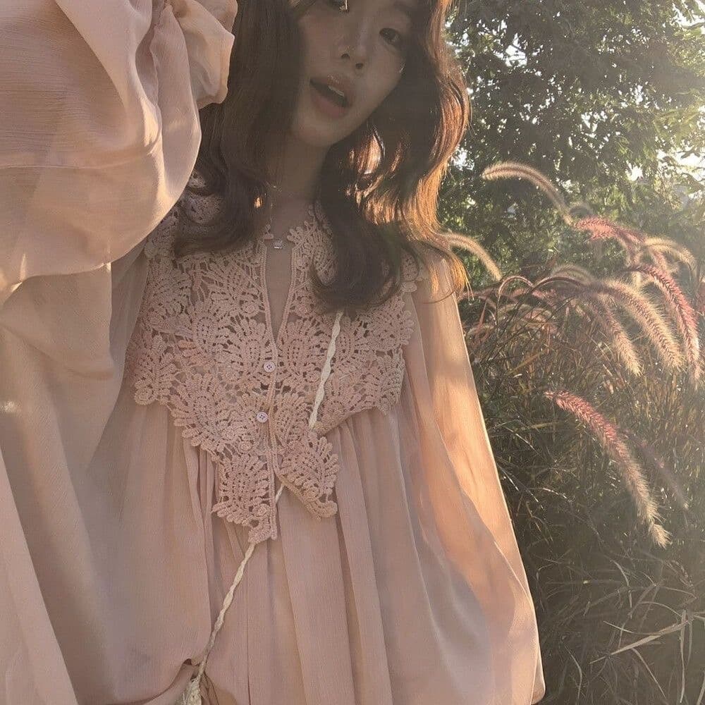 한 부서 부드러운 바람 레이스 조각 자외선 차단 쉬폰 블라우스 맨위 여성 여름 슬립 투피스 세트 외국 가스 연령 감소 세트 상세 이미지 12