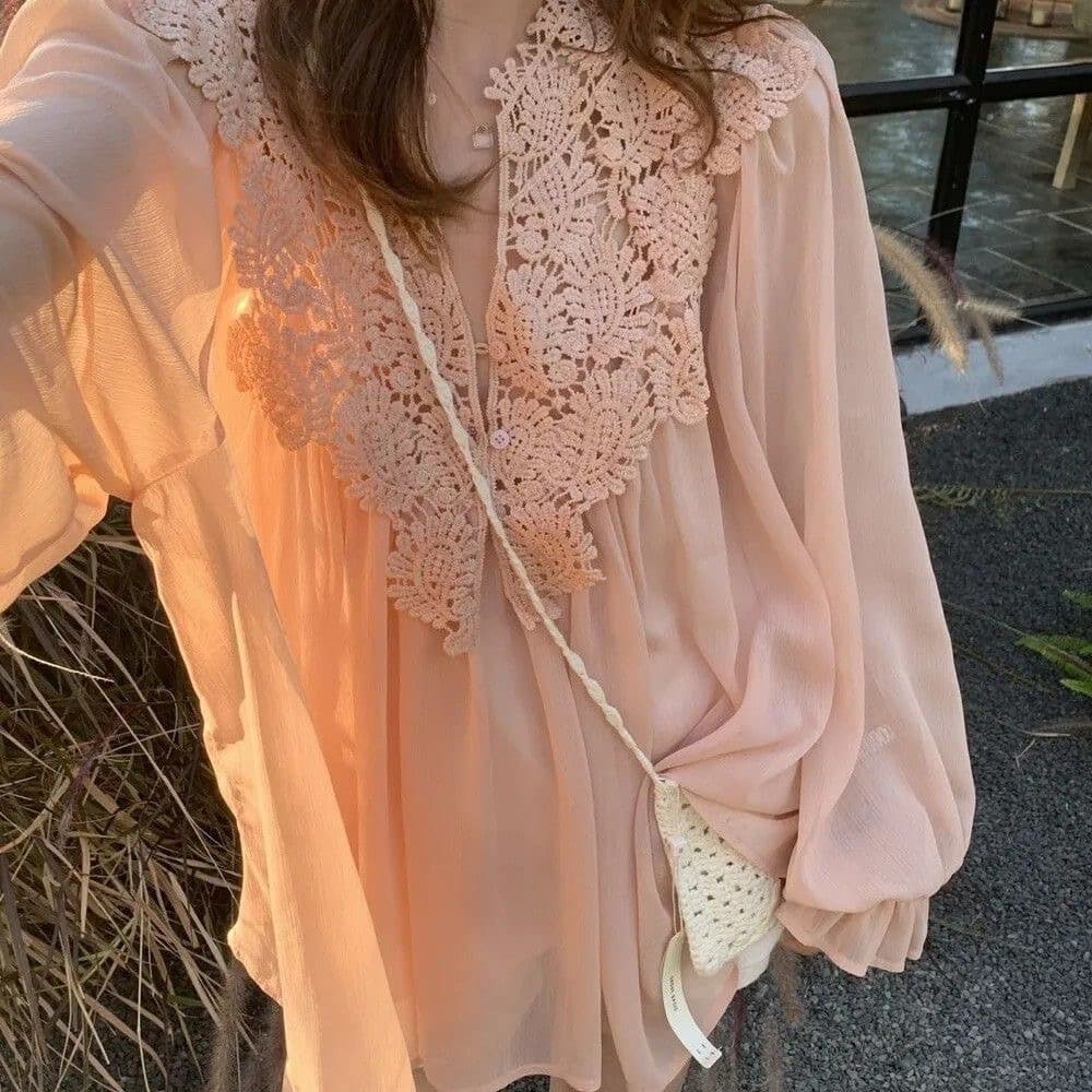 한 부서 부드러운 바람 레이스 조각 자외선 차단 쉬폰 블라우스 맨위 여성 여름 슬립 투피스 세트 외국 가스 연령 감소 세트 상세 이미지 15