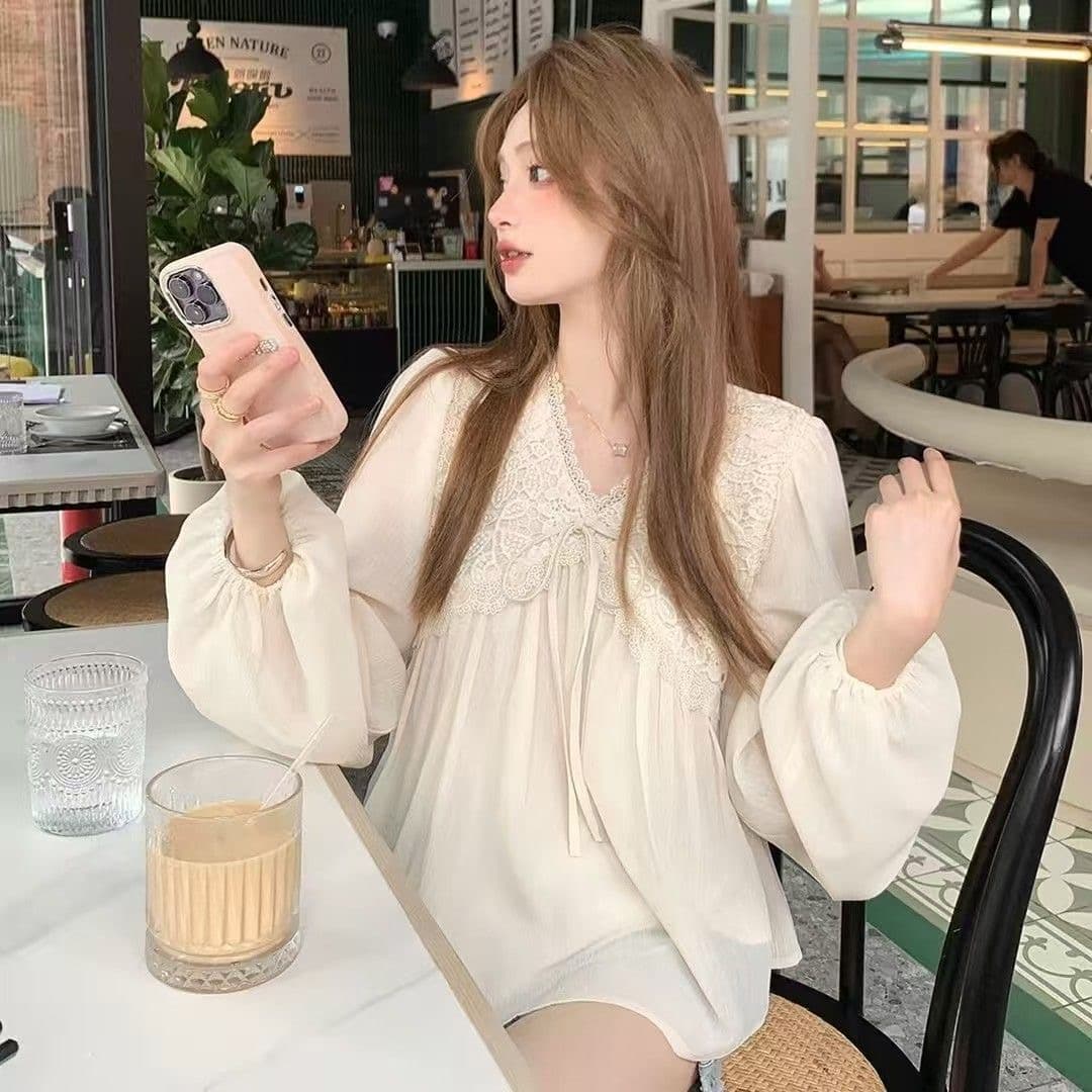 2026 새로운 패치워크 한 부서 루즈핏 부드러운 레이스업 품격 긴팔 레이스 프랑스식 맨위 쉬폰 블라우스 이미지 2